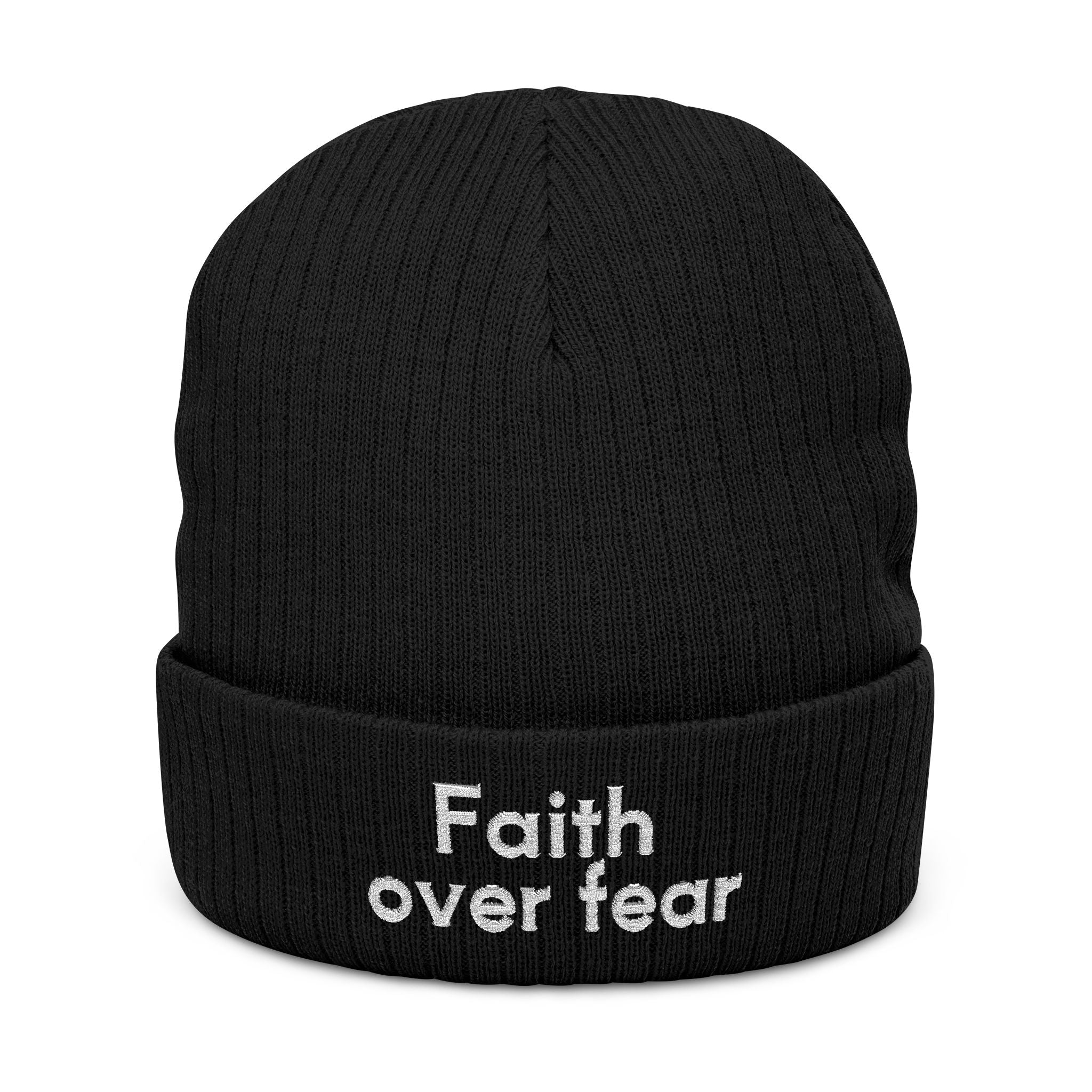 Faith Over Fear Embroidered Ribbed Knit Beanie