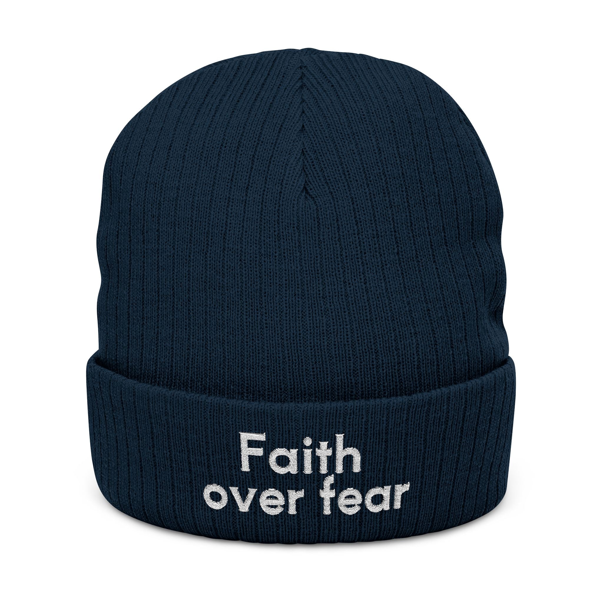 Faith Over Fear Embroidered Ribbed Knit Beanie