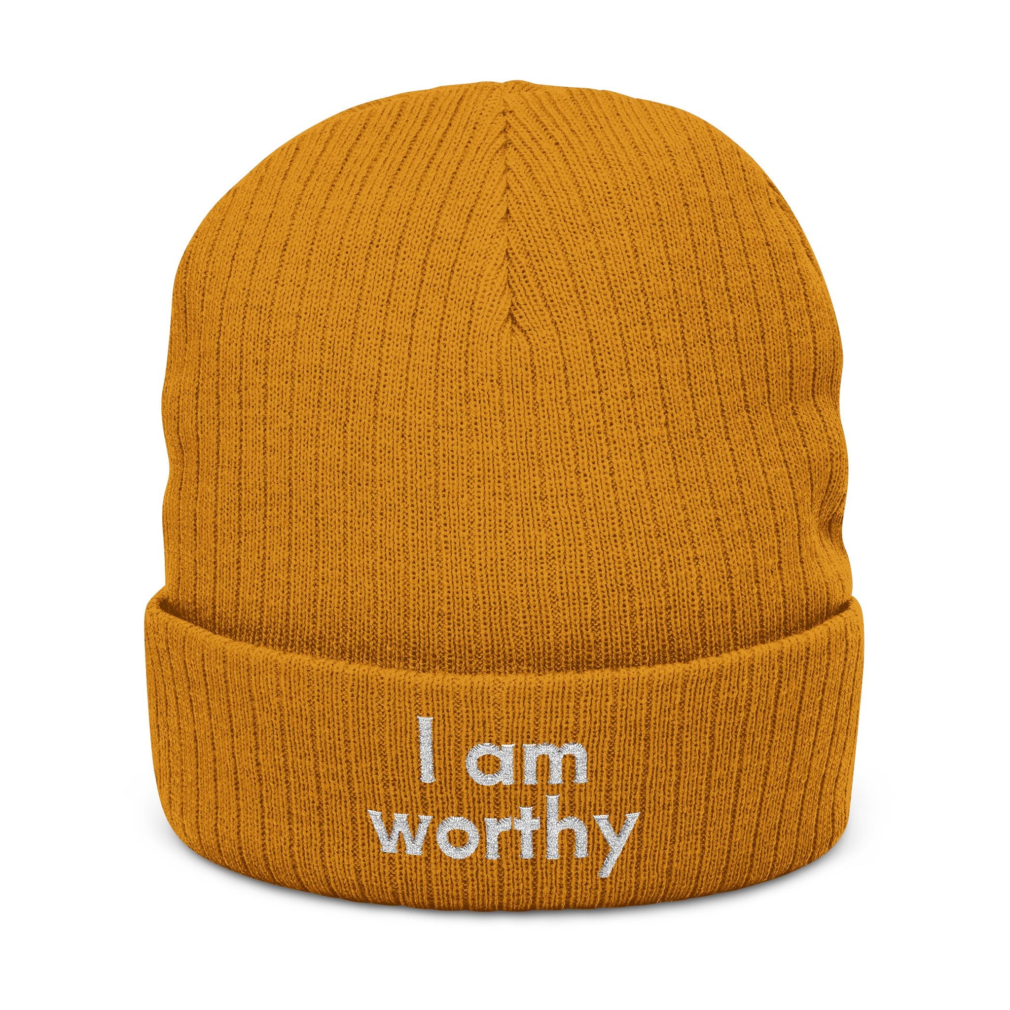 I Am Worthy Embroidered Ribbed Knit Beanie