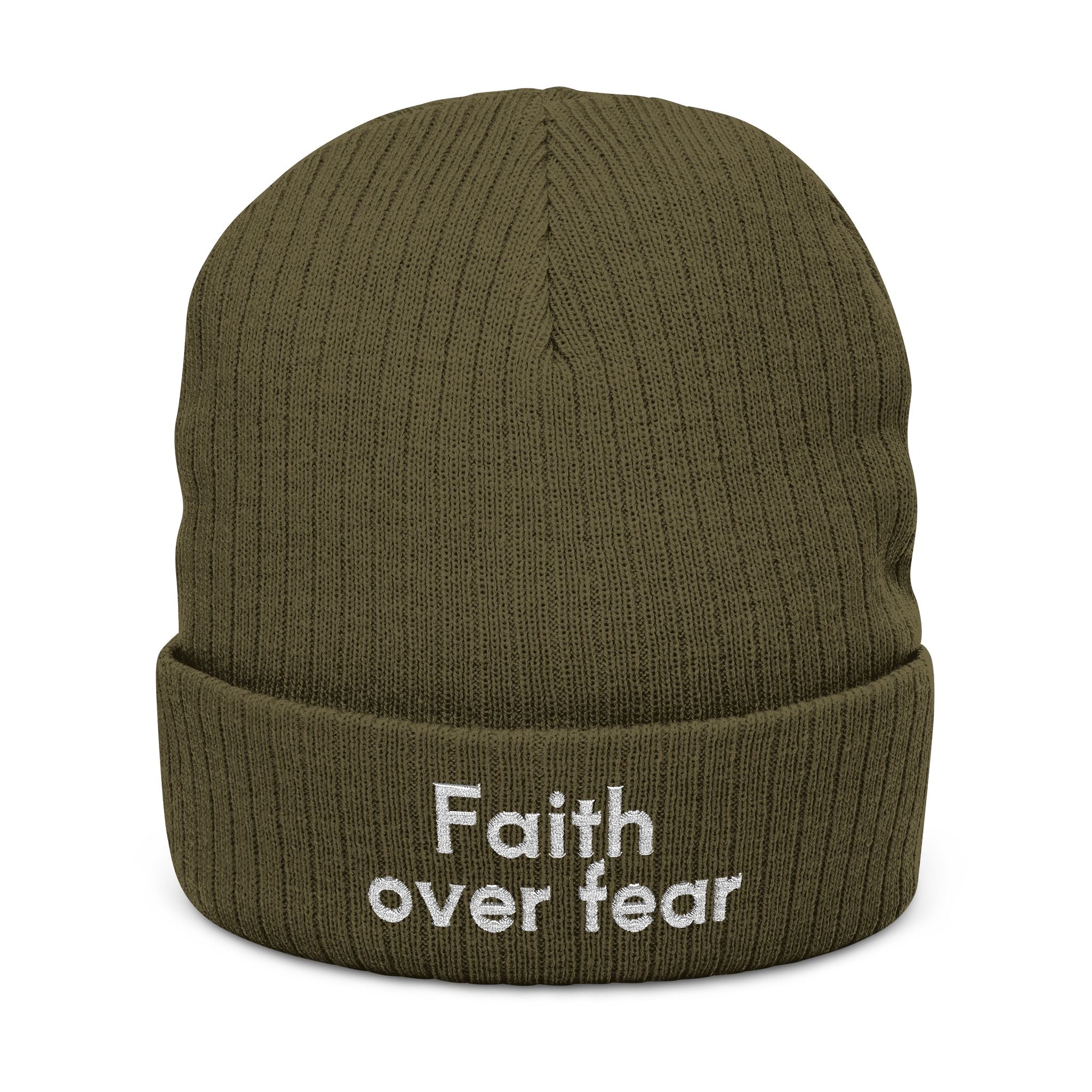 Faith Over Fear Embroidered Ribbed Knit Beanie