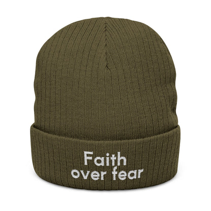 Faith Over Fear Embroidered Ribbed Knit Beanie