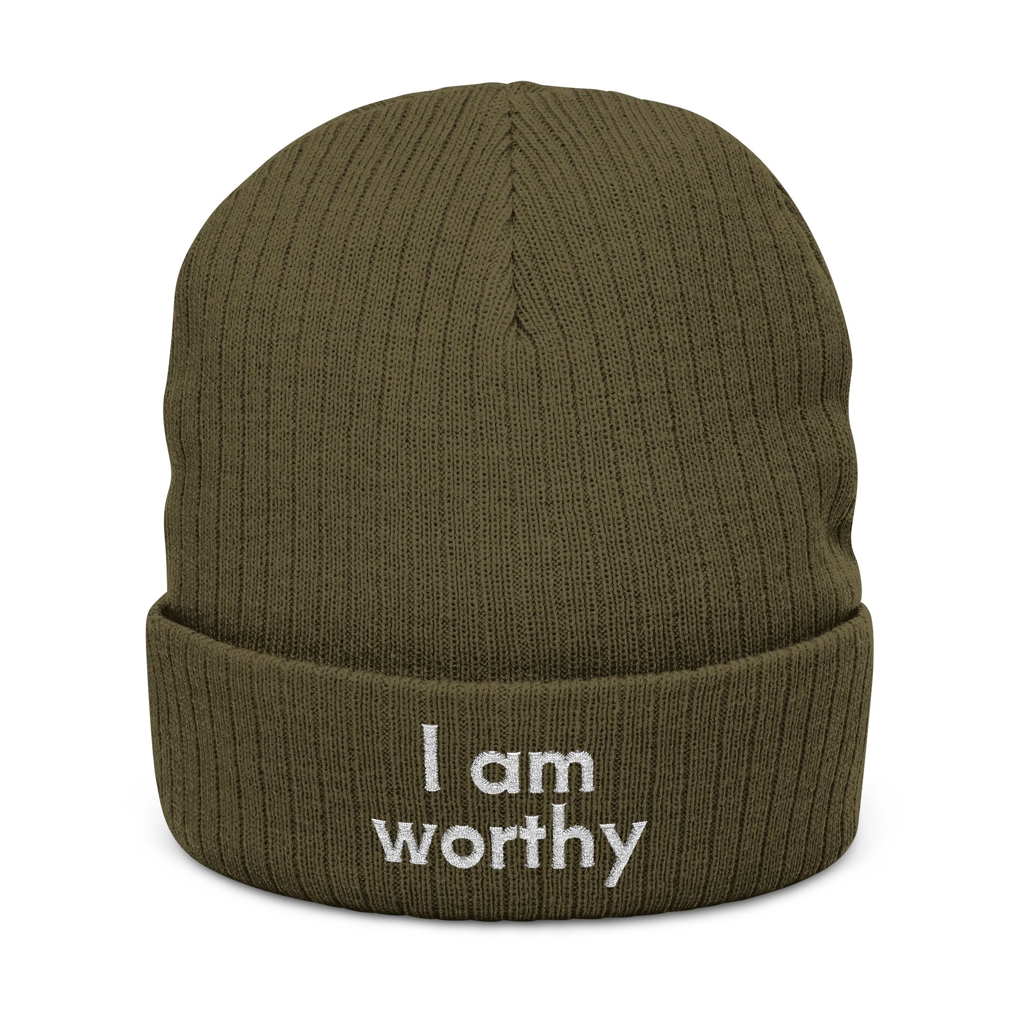 I Am Worthy Embroidered Ribbed Knit Beanie