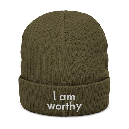 I Am Worthy Embroidered Ribbed Knit Beanie