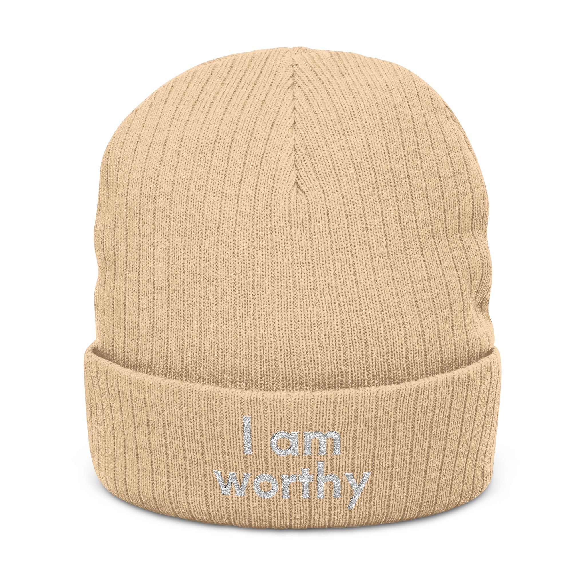 I Am Worthy Embroidered Ribbed Knit Beanie