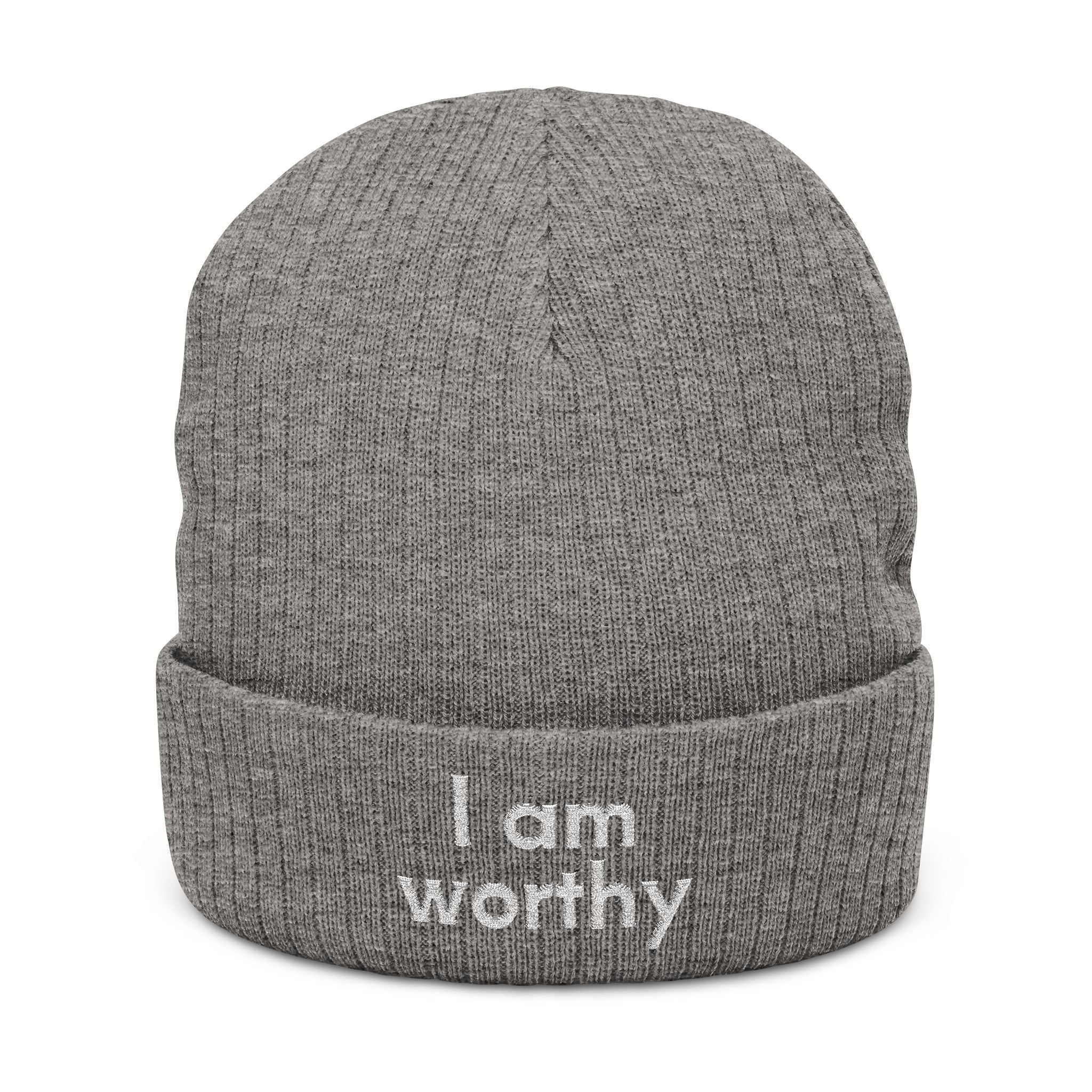 I Am Worthy Embroidered Ribbed Knit Beanie