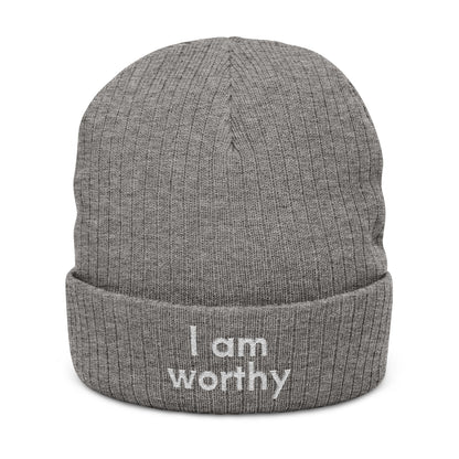I Am Worthy Embroidered Ribbed Knit Beanie