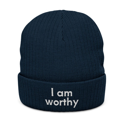 I Am Worthy Embroidered Ribbed Knit Beanie
