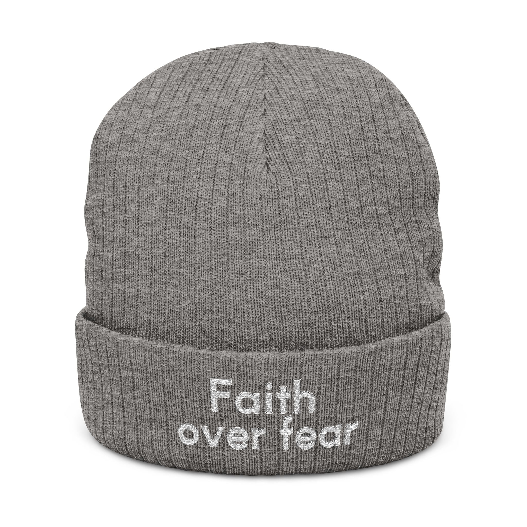 Faith Over Fear Embroidered Ribbed Knit Beanie