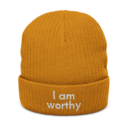 I Am Worthy Embroidered Ribbed Knit Beanie
