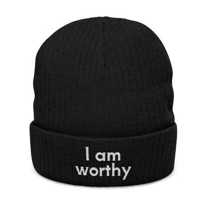 I Am Worthy Embroidered Ribbed Knit Beanie