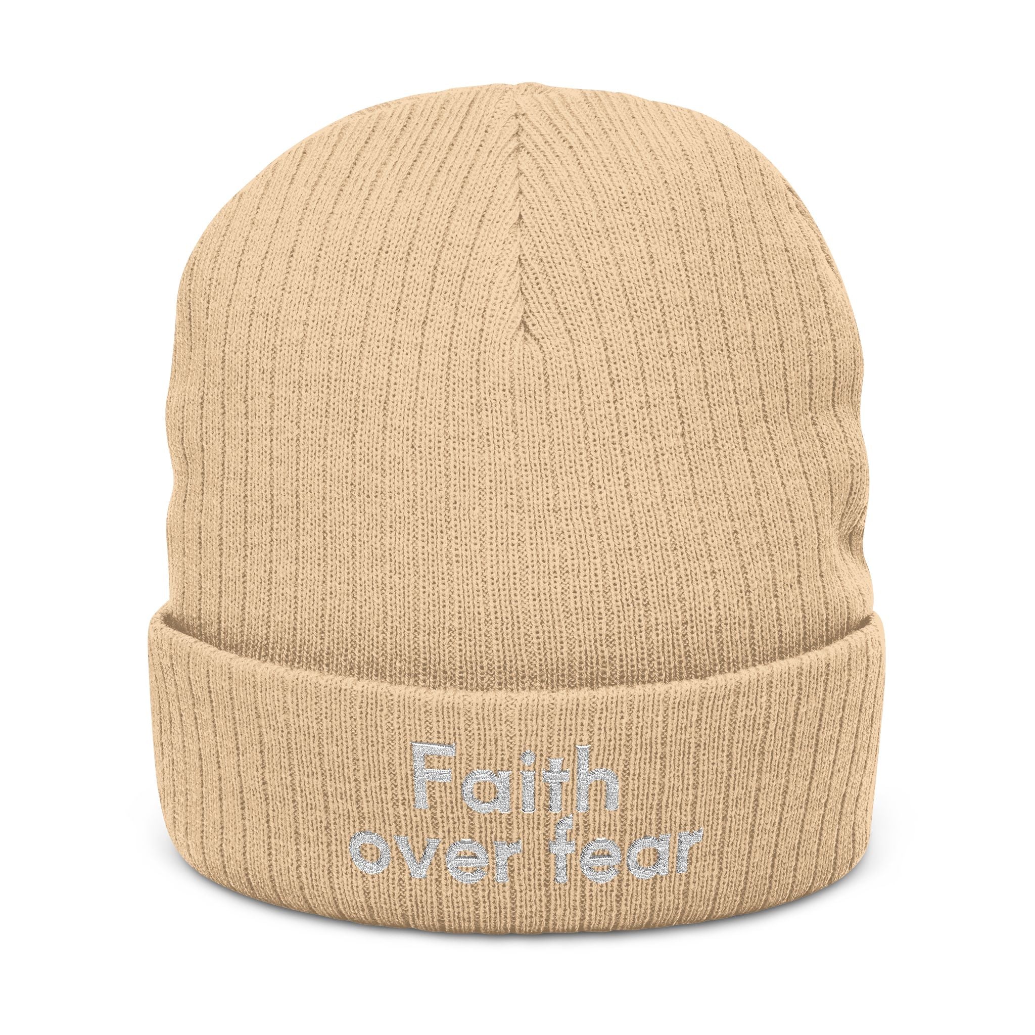 Faith Over Fear Embroidered Ribbed Knit Beanie